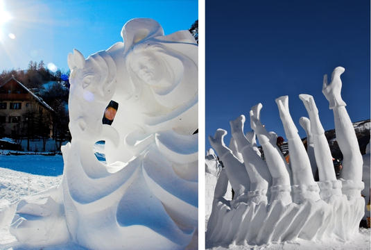 Village-vacances à la montagne, concours de sculpture sur glace et neige